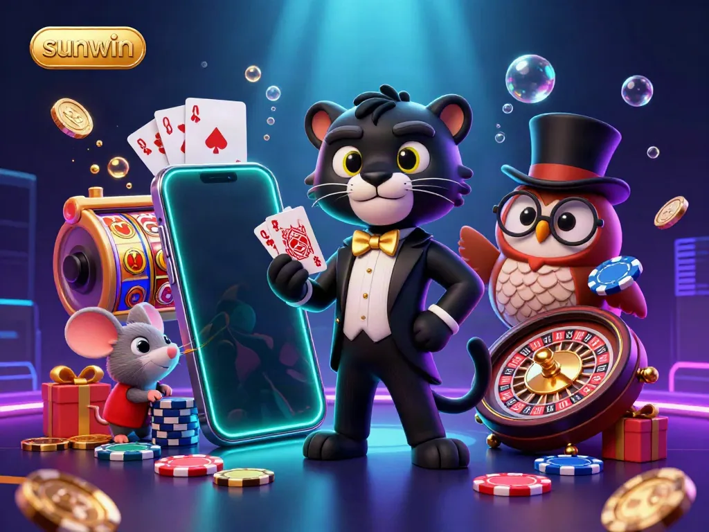 Experience exciting gameplay at sunwin with a stylish black panther dealer and charming characters in a vibrant casino illustration.