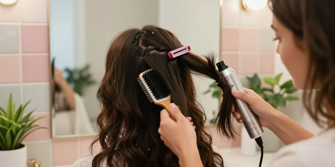 Woman applying scalp hair fill-ins clip ins in a cozy bathroom, showcasing a hair transformation with styling tools.