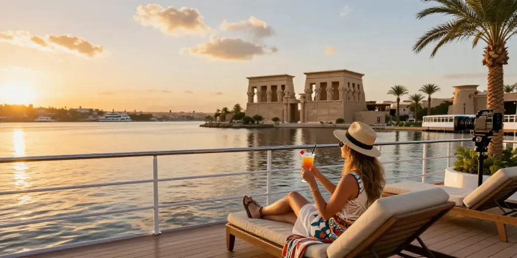 Experience the luxury of a Lake Nasser Cruise with stunning views of Nubian temples at sunset.