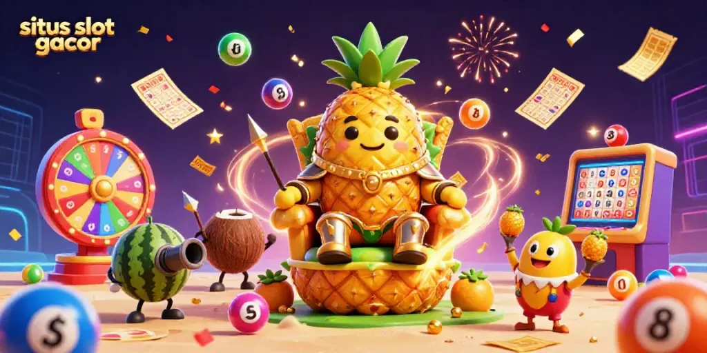 Engaging scene illustrating situs slot gacor with a golden pineapple king and casino elements for an exciting gaming experience.