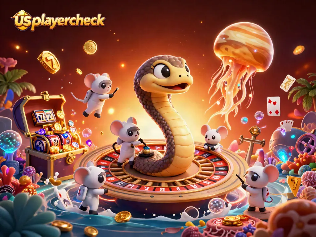 usplayercheck illustrates a cosmic casino scene with animated characters engaging in gameplay.