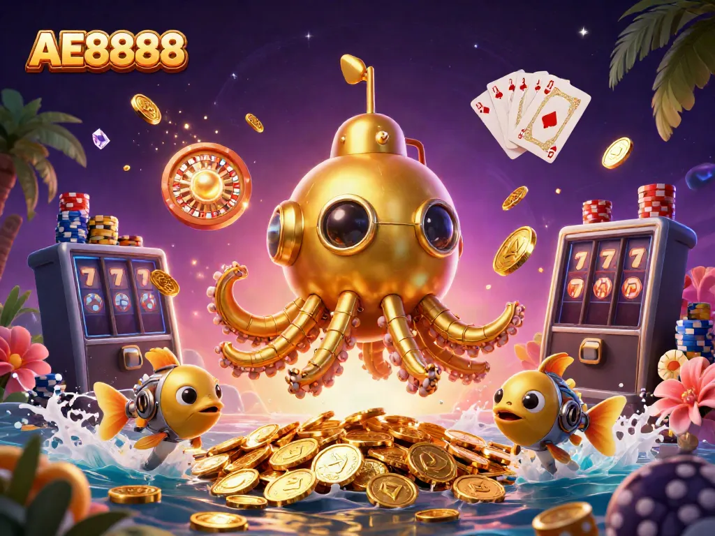 Engage with AE8888's thrilling casino experience in a vibrant underwater scene filled with gold.