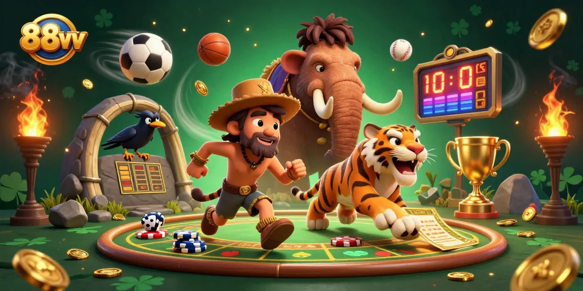 88vv engages players at a vivid casino scene filled with sports elements, stone chips, and golden trophies.