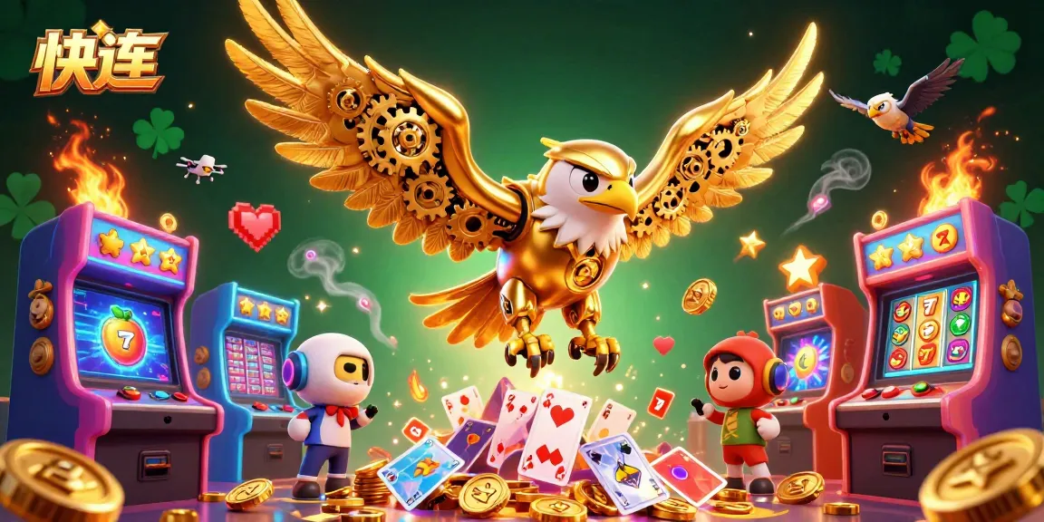 快连 delivers an immersive casino gaming experience with a golden eagle amidst colorful arcade game elements.