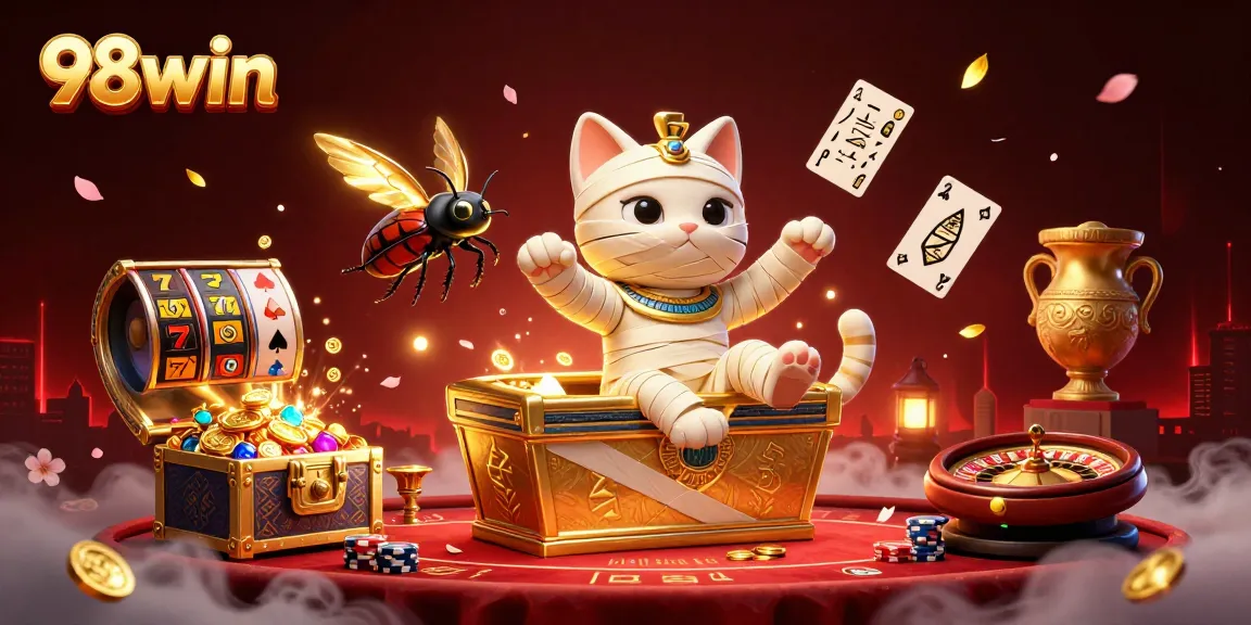 Engage with the vibrant world of 98win, featuring a mummy cat in a pyramid casino surrounded by lively gaming elements.