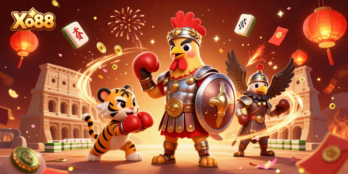 Xo88 showcases an epic gambling scene with a gladiator rooster, tiger cub, and vibrant 3D elements.