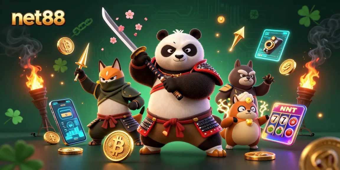 Engage with net88's thrilling slots, featuring samurai panda and ninja fox amidst rich game elements.
