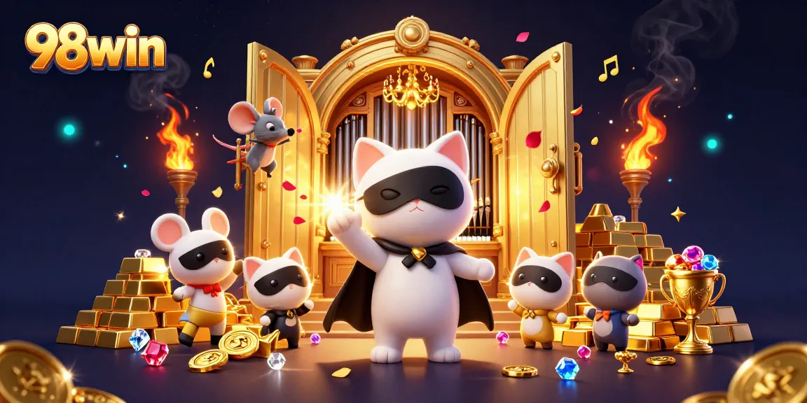 Join the excitement of 98win as the charming phantom cat plays at the casino surrounded by treasures.
