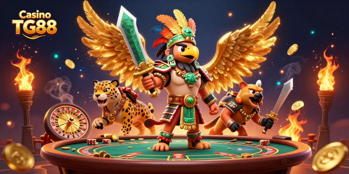 Engage with Casino TG88's rich gaming experience featuring vibrant illustrations of warriors amidst casino elements.