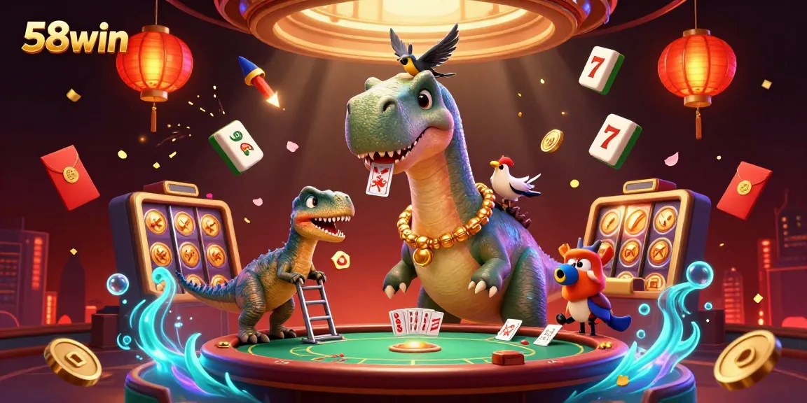 Experience thrilling gaming action at 58win, with dazzling slots and vibrant casino life in a rich 3D illustration.