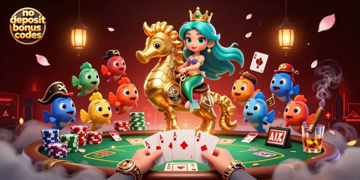No deposit bonus codes illustrated by a mermaid princess on a seahorse at a colorful casino