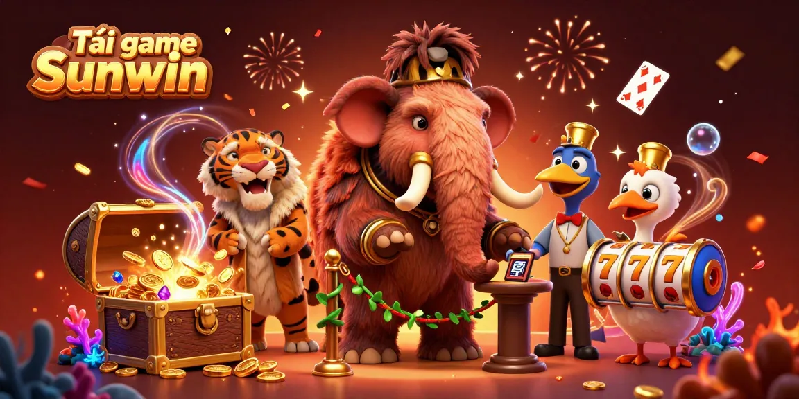Tải game Sunwin with vibrant casino elements, a mammoth bouncer, and a saber-tooth VIP guest.