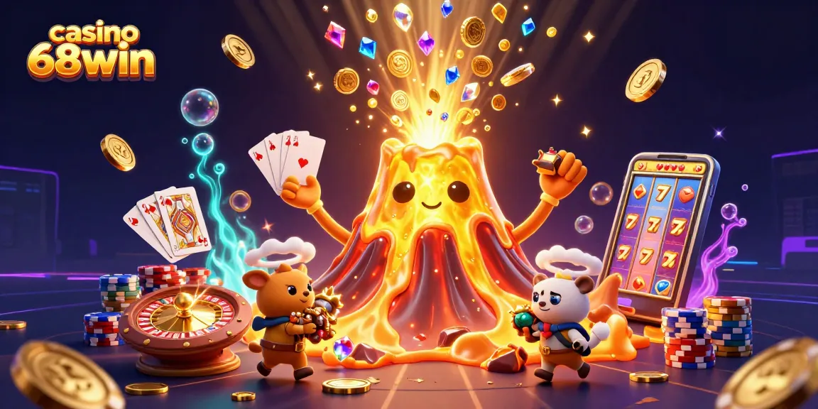 Experience the excitement of casino 68win with a vibrant eruption of coins and treasure.