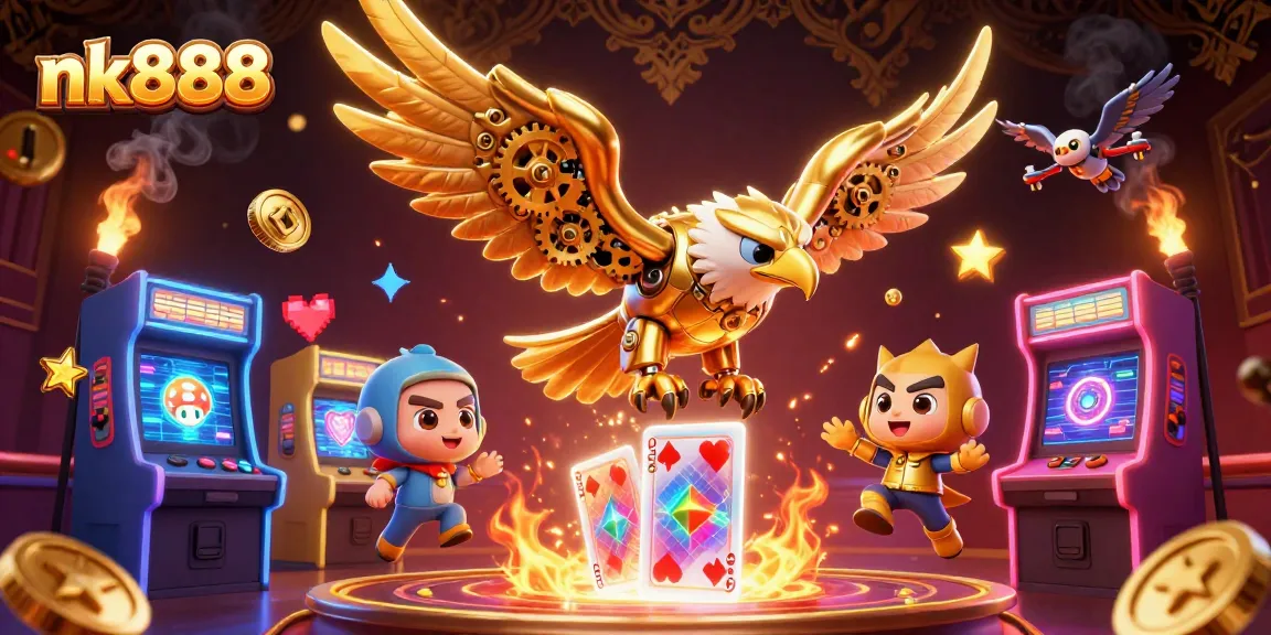 Experience the excitement of nk888 with a cybernetic eagle soaring through holographic cards.