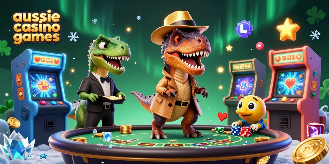 Aussie casino games come alive with a velociraptor and stegosaurus in a colorful 3D casino scene.