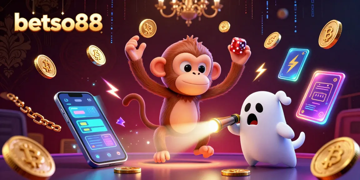 Experience the thrill of betting at betso88 with a lively casino scene featuring a playful poltergeist monkey and a curious ghost-hunter puppy.