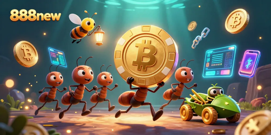 Engage in the fun of 888new as ants execute a heist, carrying a giant poker chip surrounded by glowing crypto coins.