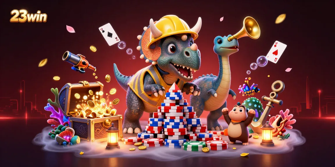 Win big at 23win with an exciting gaming atmosphere featuring cartoon characters celebrating a poker chip pyramid.
