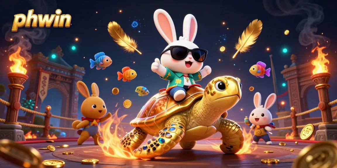 Experience the thrill of gambling with phwin in a vibrant 3D scene featuring an enchanting rabbit and golden turtle.