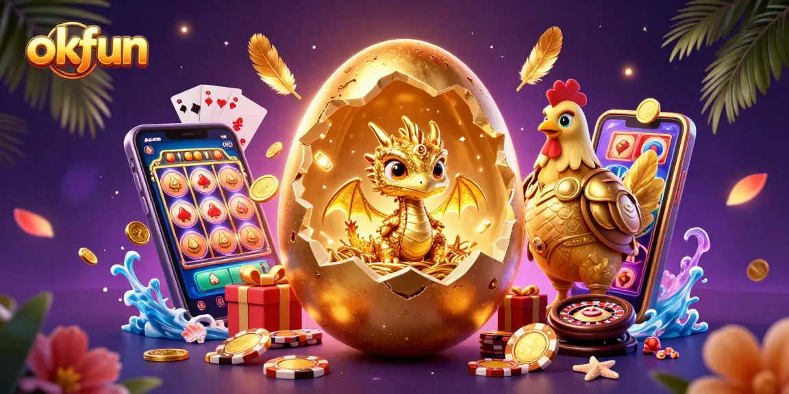 Engage in thrilling gaming at okfun with a dragon guarding golden poker chips in a vibrant casino scene.