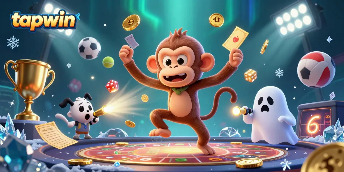 Experience thrilling gaming at tapwin with a poltergeist monkey and playful puppy in an enchanted casino atmosphere.