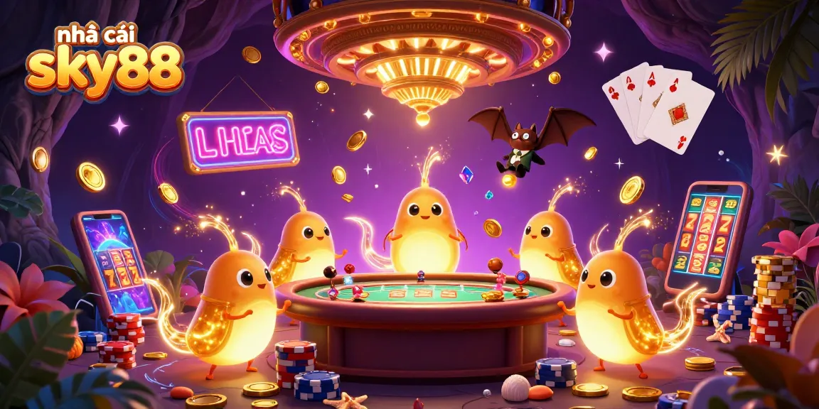 Engage with nhà cái sky88's vibrant casino scene featuring animated glowworms and dynamic games.