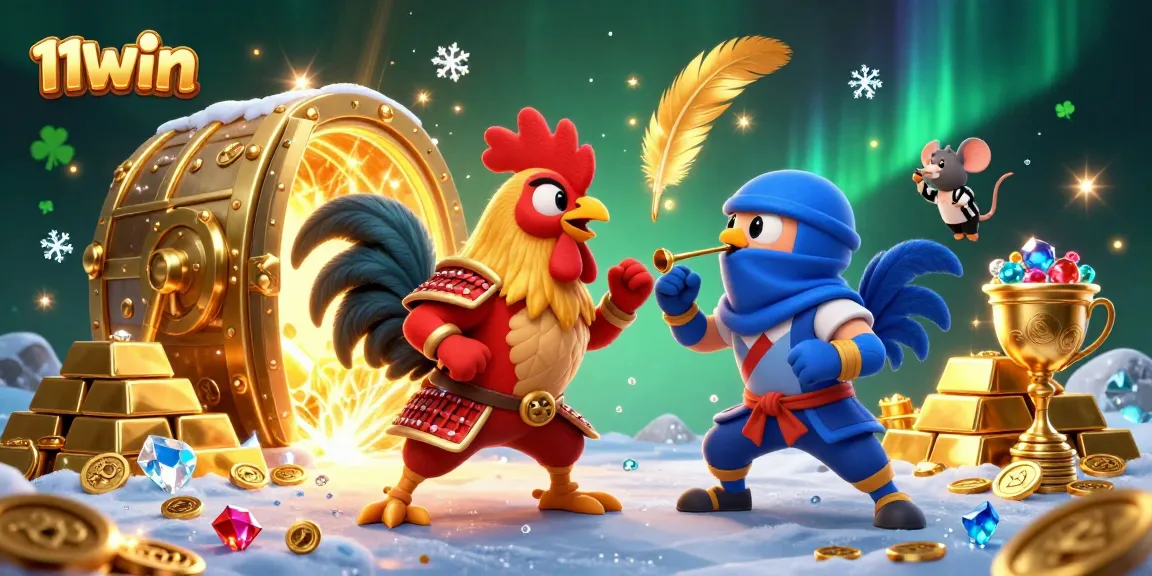 Experience thrilling action with 11WIN's epic standoff between cartoon fighting roosters in a dazzling casino scene.