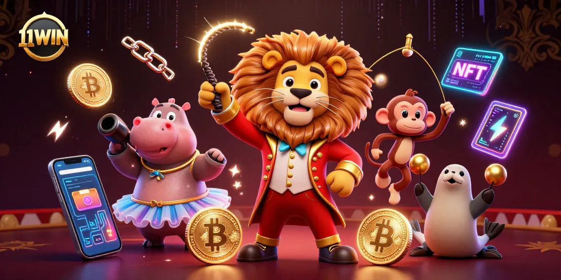 Engage with 11WIN's vibrant casino scene featuring cartoon characters animated by crypto elements.