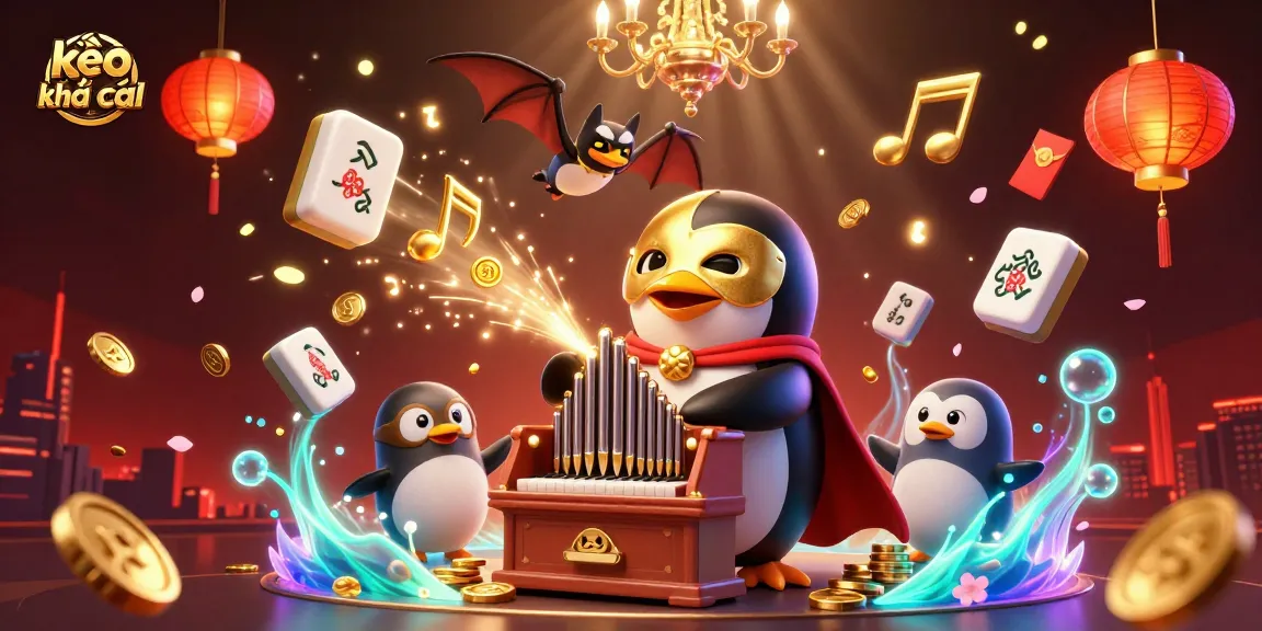 Engage in kèo nhà cái excitement with a penguin organist, dynamic gambling elements, and festive visuals.