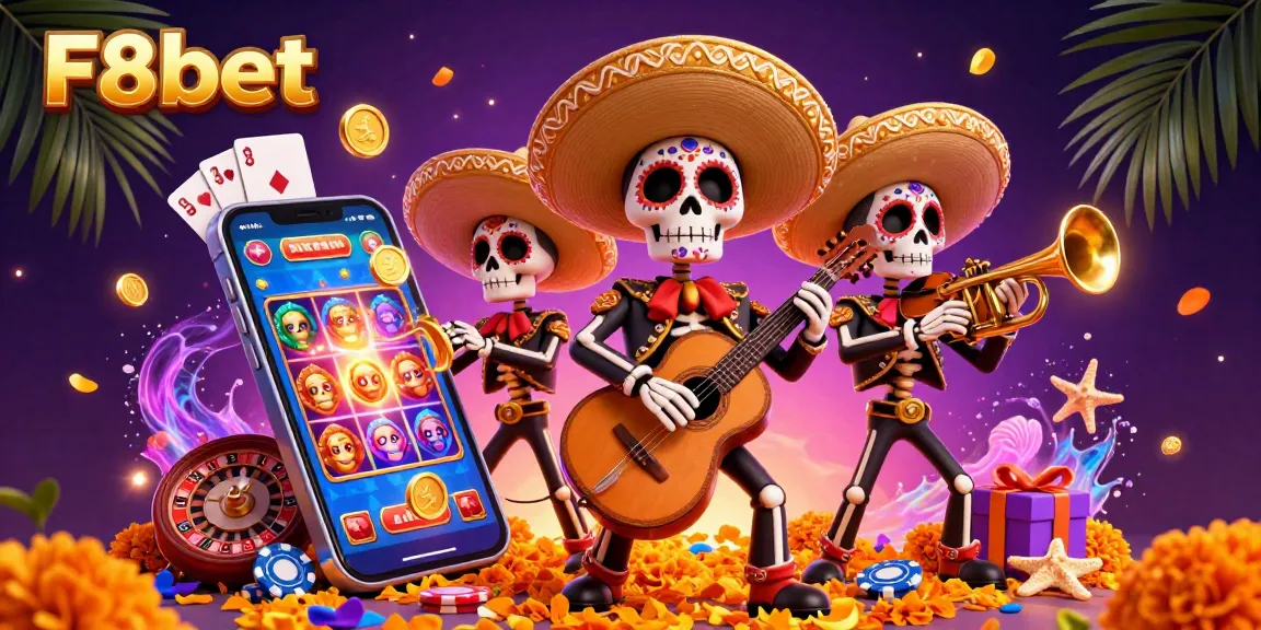 Experience the lively atmosphere of F8bet with a colorful mariachi band and dynamic casino elements.