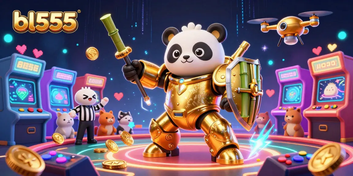 Experience thrilling gaming at bl555 with a dynamic 3D cartoon mech-suit panda in a vibrant casino.