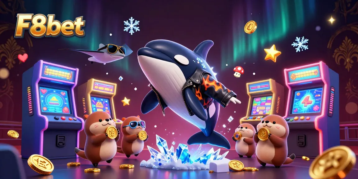 Experience the excitement of F8bet with orca, stingray, and otters in a vibrant casino scene.