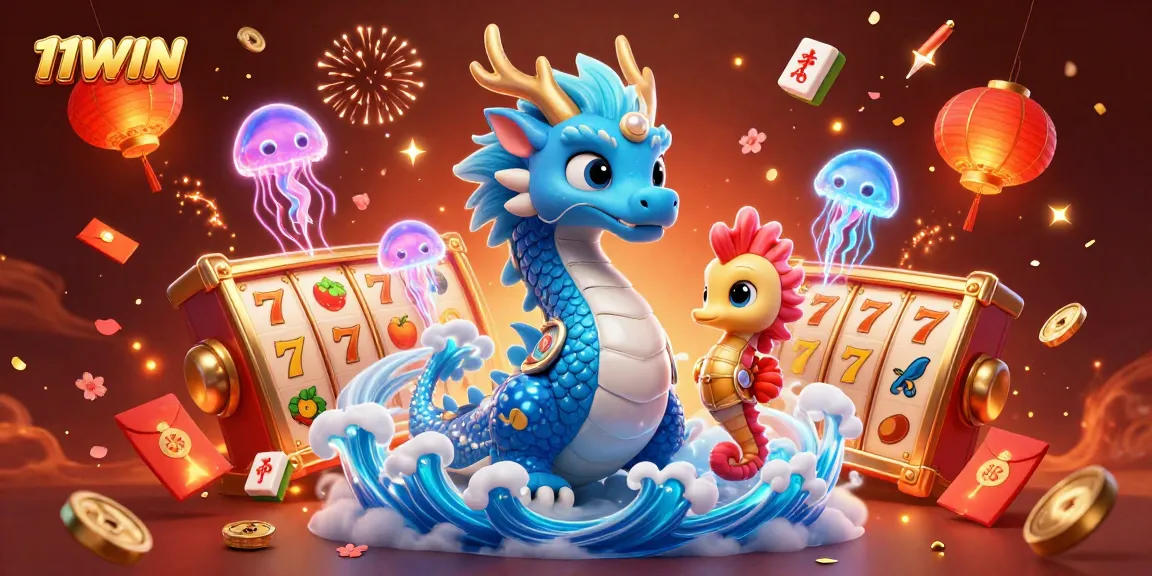 Experience 11WIN’s dynamic slot action with a mystical water dragon and vibrant casino elements.