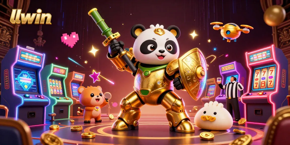 llwin brings excitement with a golden panda battling in a vibrant casino scene filled with playful characters.