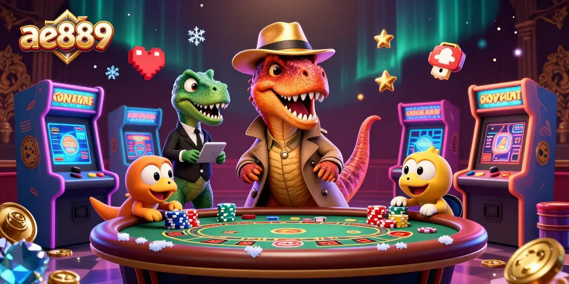 Join the excitement of ae889 with a velociraptor card counter at a blackjack table amidst vibrant casino elements.