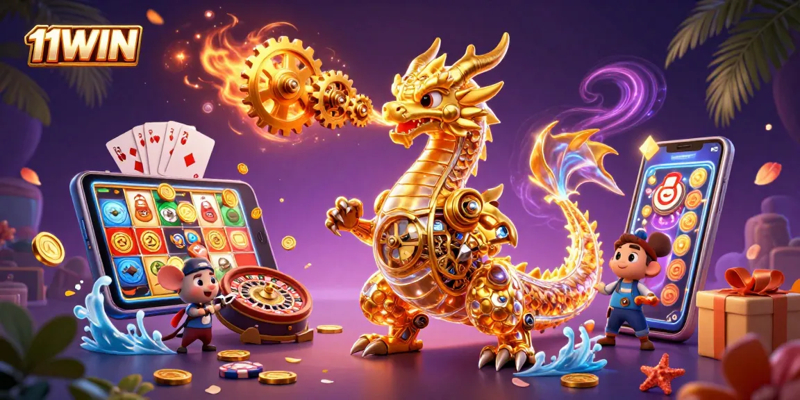 11WIN showcases a golden dragon amid a vibrant casino scene with sparkling slot games and cards.