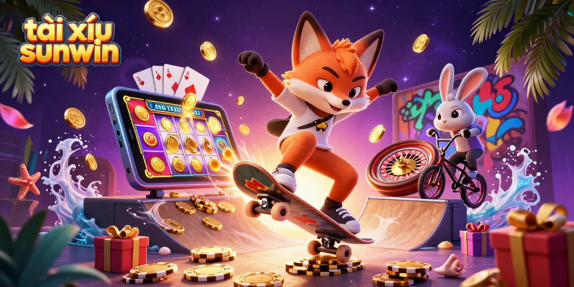 Tài xỉu sunwin animated gaming scene with a fox skateboarder and a BMX rabbit showcasing vibrant casino elements.