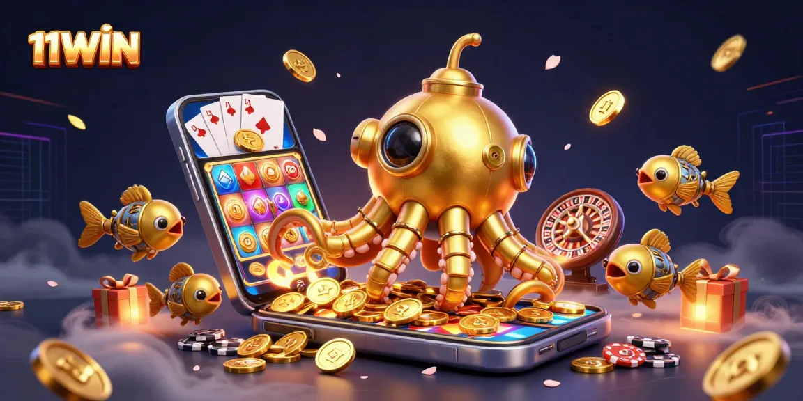 Engage with the exciting world of 11WIN in this vibrant casino-themed scene featuring a golden kraken and dynamic gaming elements.