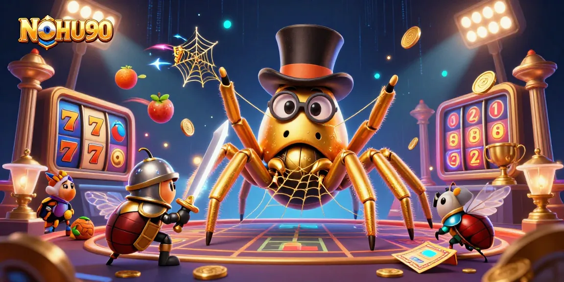 Engage with NOHU90 in a vibrant casino illustration featuring dynamic game elements and colorful characters.