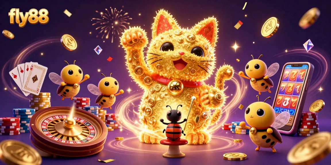 Experience fly88's vibrant casino world with a lucky cat and dynamic gaming symbols.