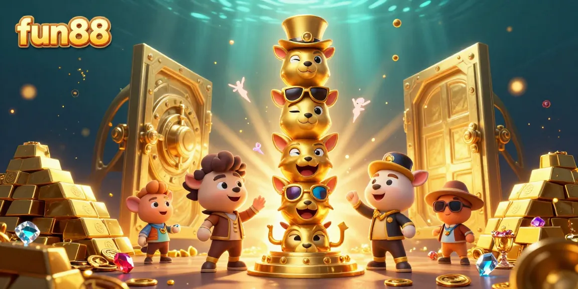 Engage in thrilling fun88 gaming with a vibrant 3D illustration showcasing golden treasures and a mystical totem.