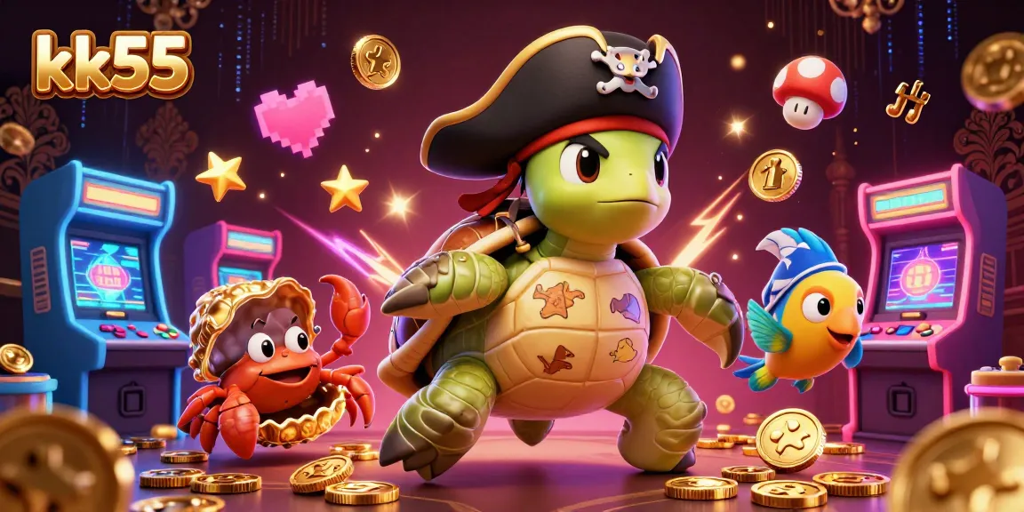 kk55 unleashes excitement with a 3D pirate turtle and interactive casino elements.