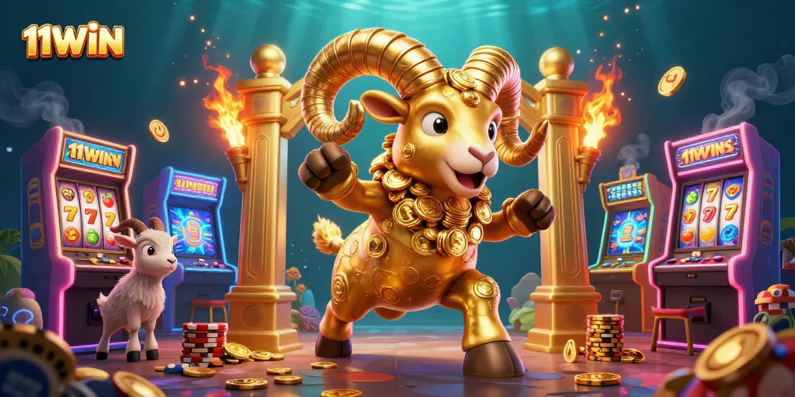 Spin the reels and win with 11WIN's vibrant 3D casino illustration featuring a charging ram.