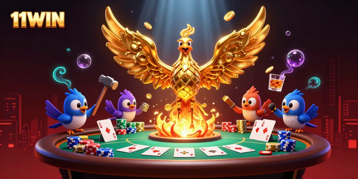 Win big at 11WIN with a captivating casino illustration featuring a golden phoenix and poker elements.