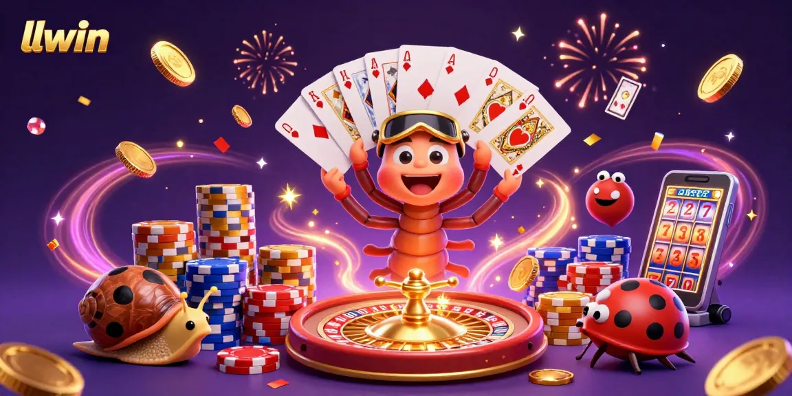 Experience vibrant gaming action at llwin with 3D characters, chips, and cards in dynamic motion.