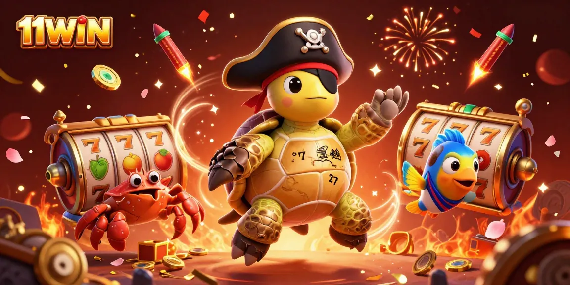 Engage with 11WIN's thrilling casino adventure featuring a pirate turtle and vibrant slot elements.