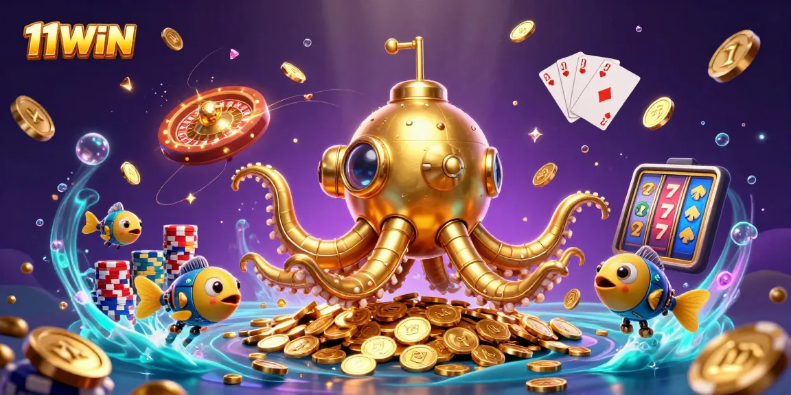 Engage with 11WIN's vibrant 3D casino scene showcasing golden kraken and exciting gambling elements.