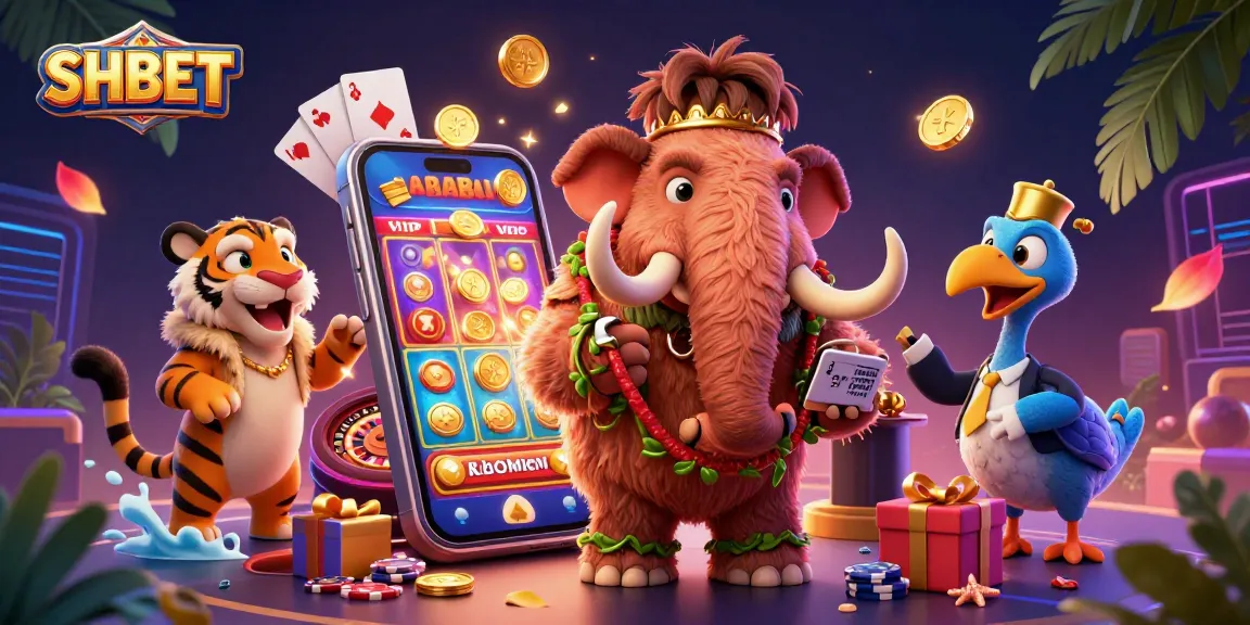 SHBET showcases a vibrant scene with a woolly mammoth bouncer and gaming elements, enhancing your play.