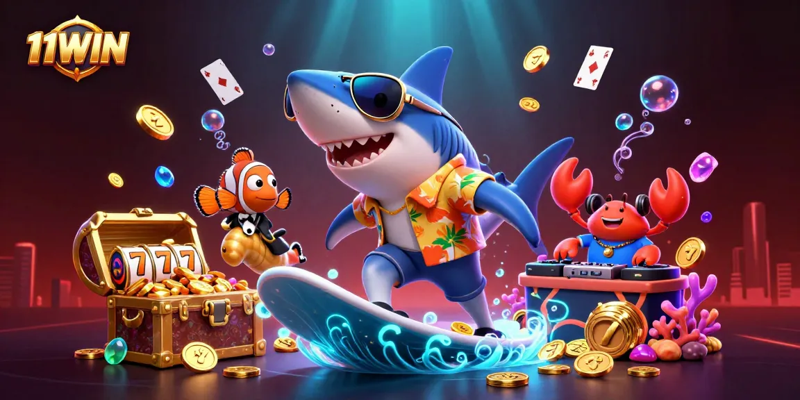 Experience vibrant gaming excitement with 11WIN's thrilling 3D casino illustration featuring a shark and friends.